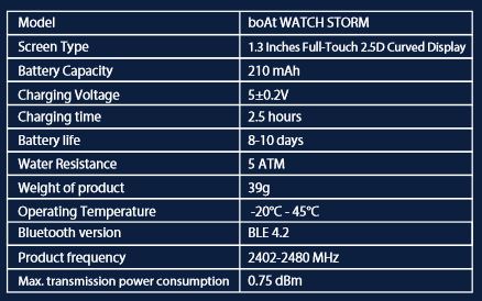 BoAt Storm Smart Watch - PRODUCT PARAMETERS
