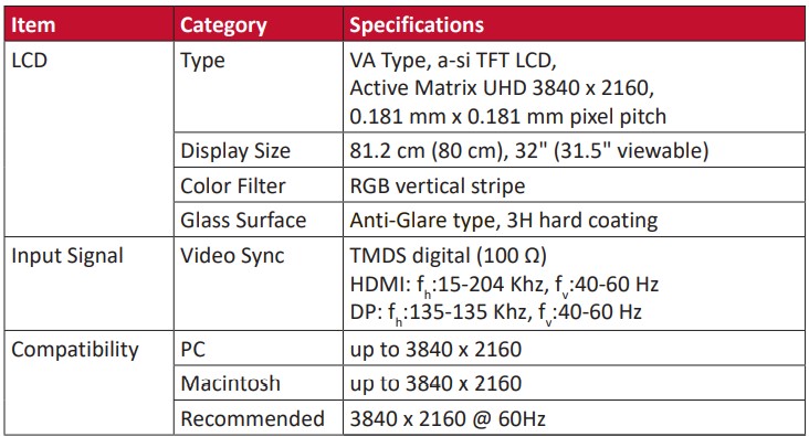 ViewSonic VX3211-4K-mhd LCD Monitor User Guide - Specifications