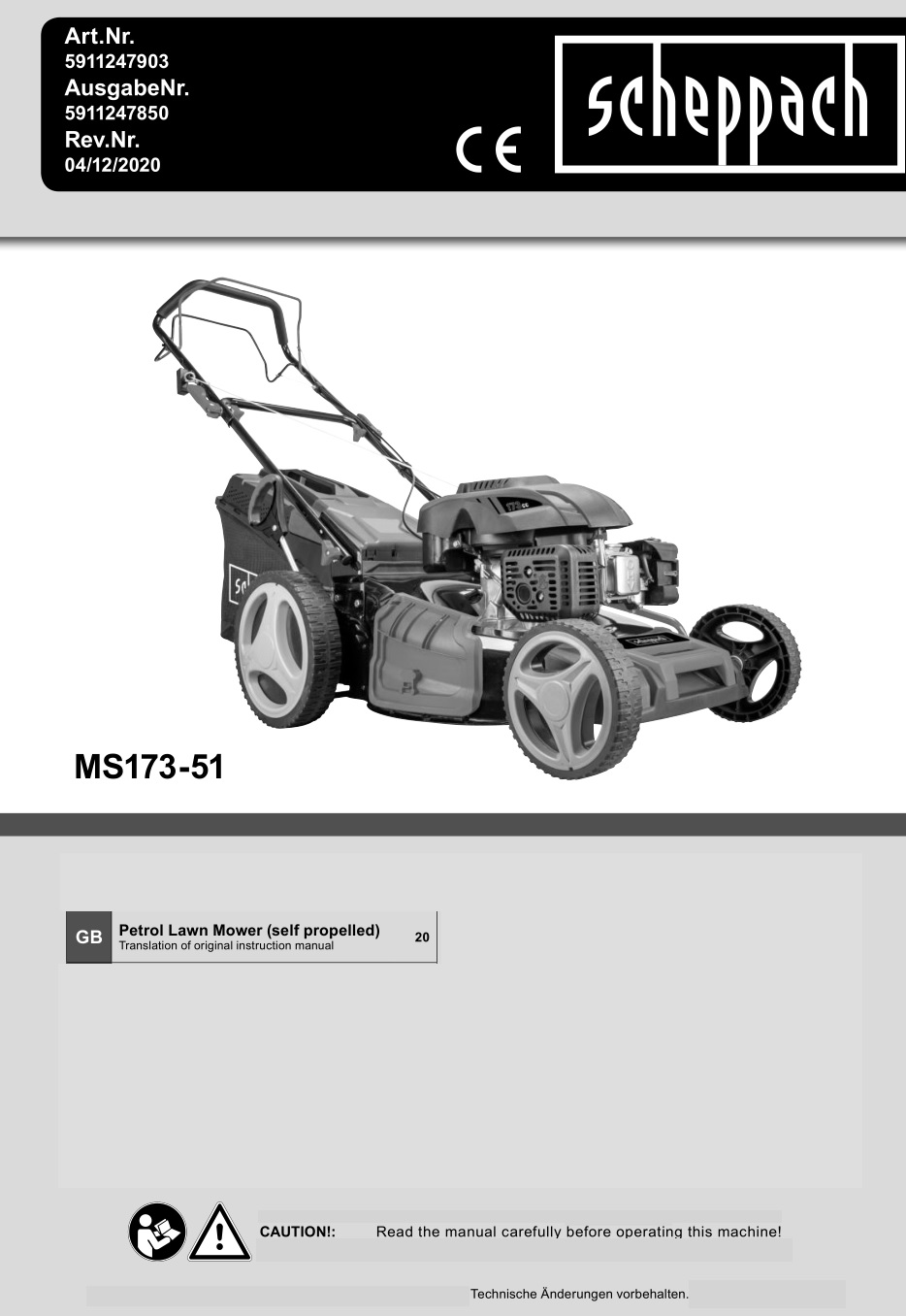 scheppach MS173-51 Self Propelled Petrol Lawn Mower Instruction Manual