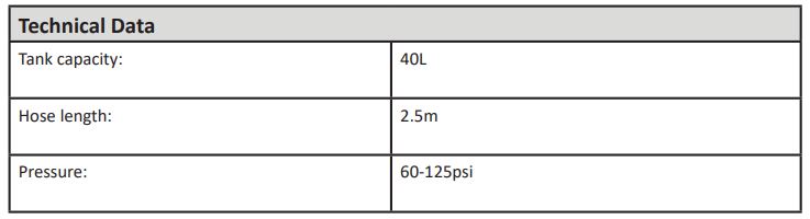 BORMANN BWR5131 Sand Blaster - Technical Data