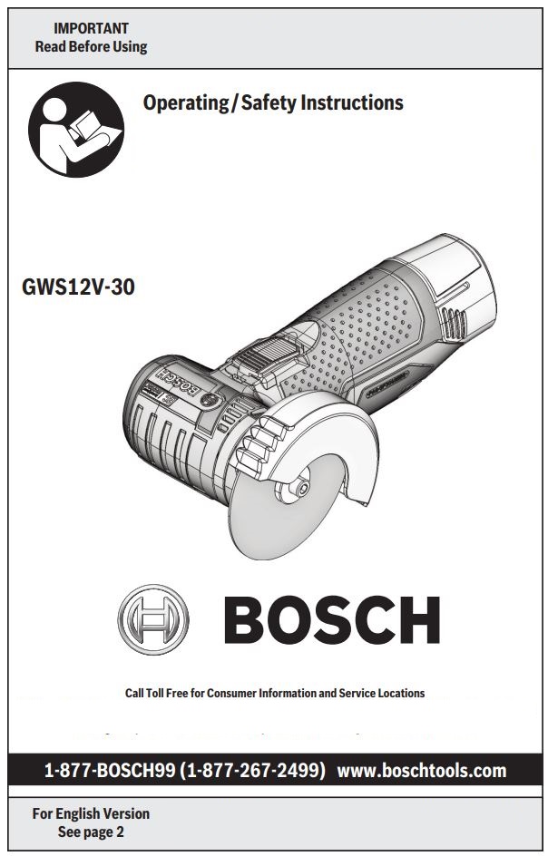 BOSCH GWS12V-30 Max Brushless Grinder Instruction Manual