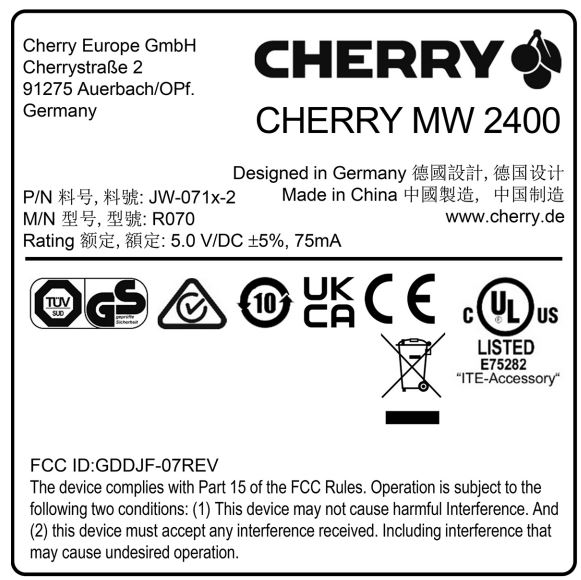 CHERRY MW 2400 Wireless Mouse User Manual - RECEIVER LABEL