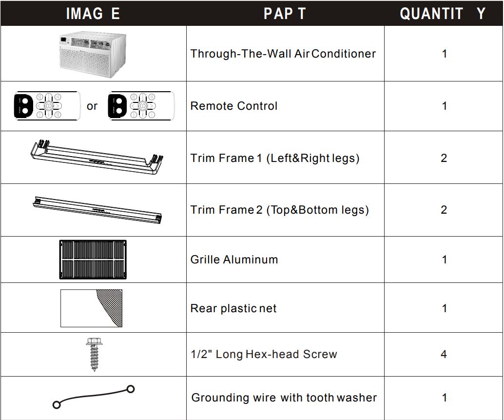 EMERSON 14000 BTU Thru-The-Wall Air Conditioner Owner's Manual - Packing List