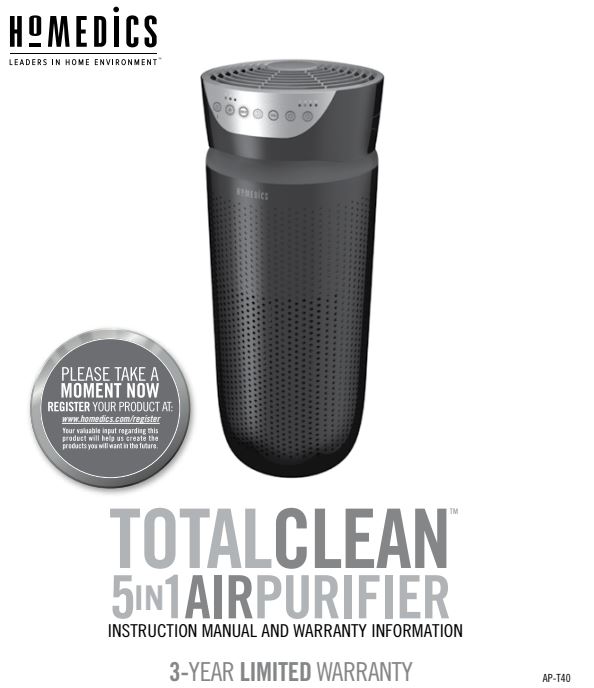 Homedics TotalClean Air Purifier - 5-in-1 Room Purifying User Manual - Homedics TotalClean Air Purifier - 5-in-1 Room Purifying