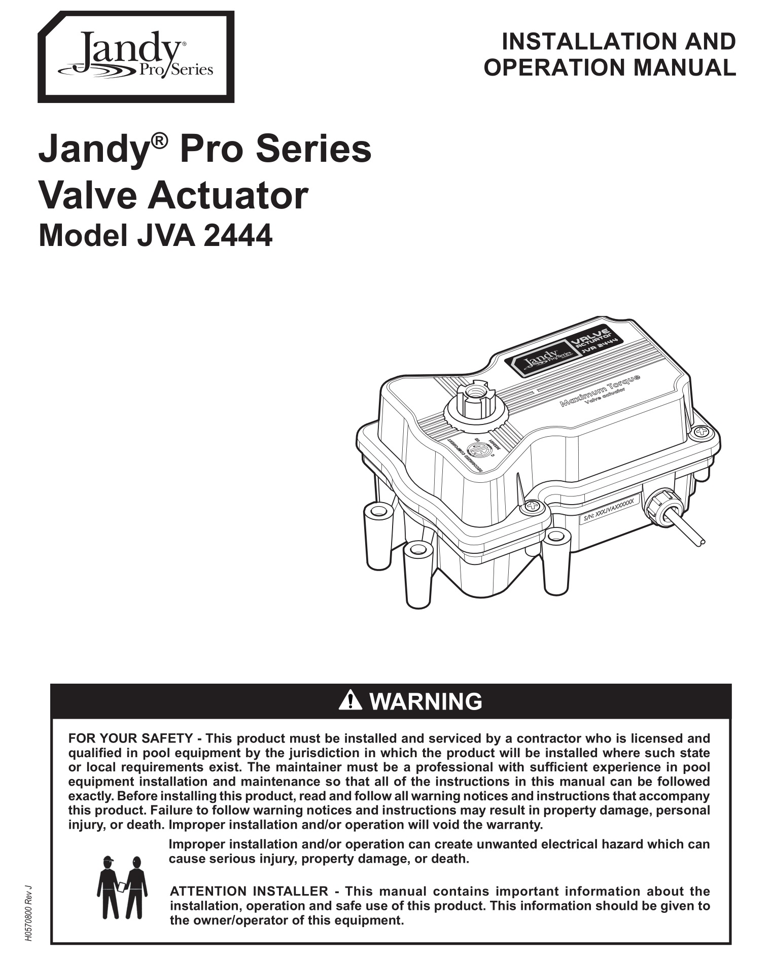 Jandy JVA 2444 Pro Series Valve Actuator Installation Guide