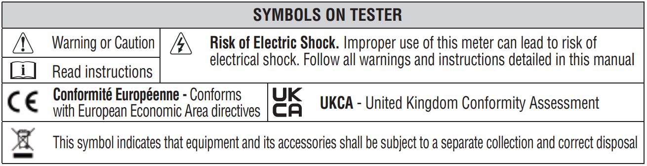 Klein Tools Scout Pro 3 Tester with Locator Remote Kit VDV501-852 and VDV50-1853 User Manual - SYMBOLS ON TESTER