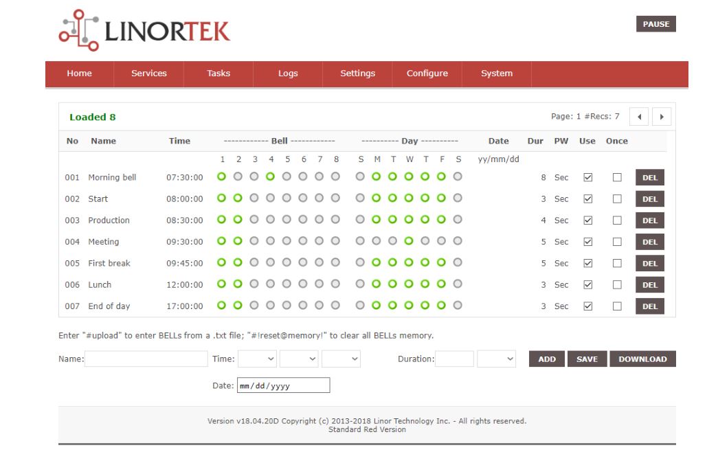 LINORTEK Netbell-NTG Networked Tone or Message Generator or Controller - Below is an example of what a bell schedule may look like