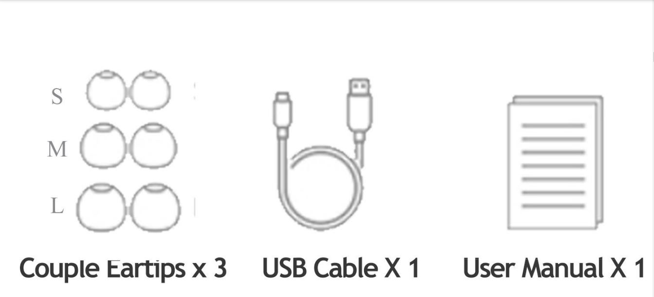 Occiam A5 TWS Earbuds User Manual - Couple Eartips x 3 USB Cable X 1 User Manual X 1