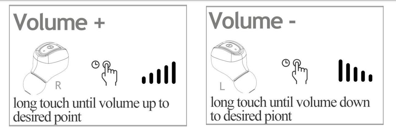 Occiam A5 TWS Earbuds User Manual - long touch until volume up and volume down to desired point