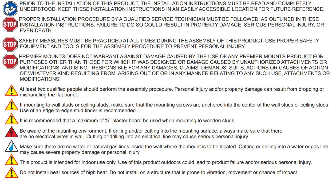 PREMIER MOUNTS P4263F Low Profile Mount for Flat Panels Installation Guide - Warning Statements