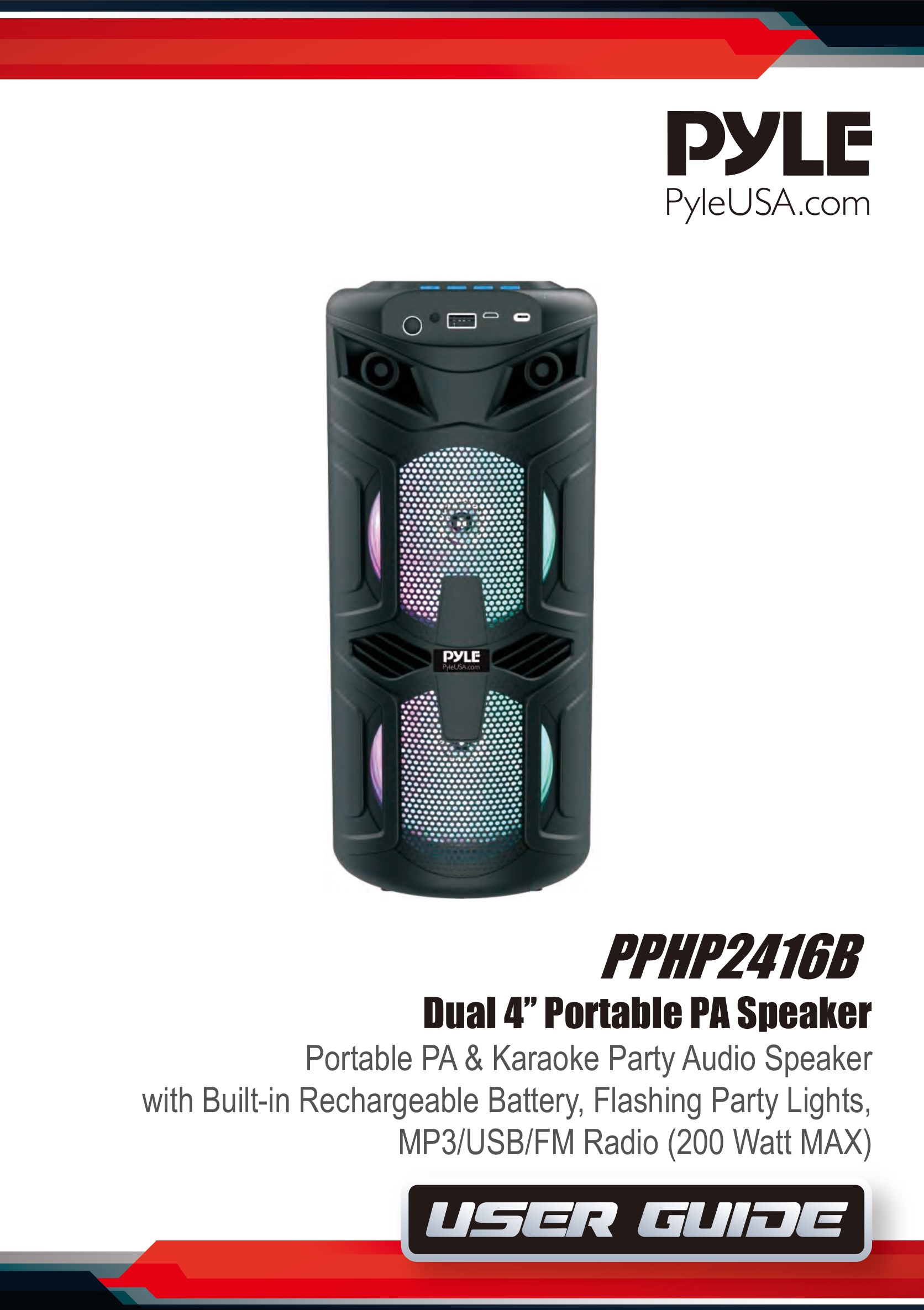 PYLE PPHP2416B 4 Inch Dual Portable PA Speaker User Guide