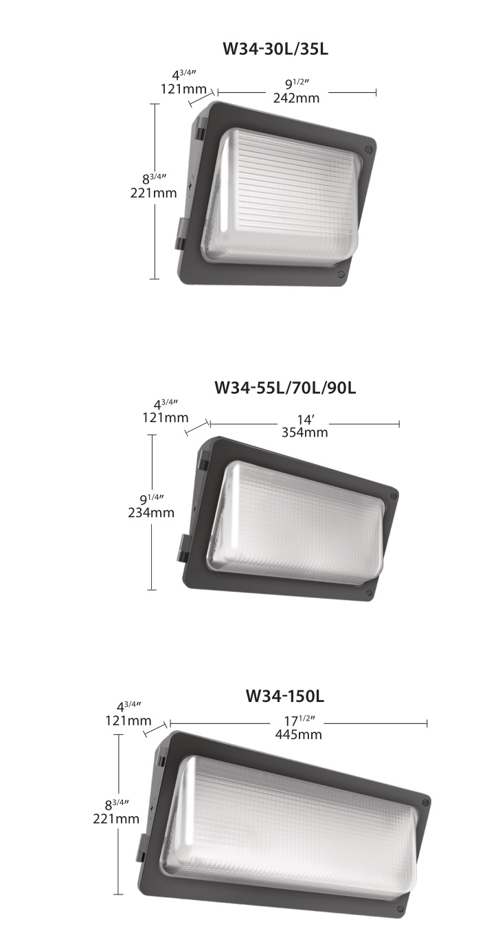 RAB W34 Wall Pack - DIMENSIONAL DRAWINGS