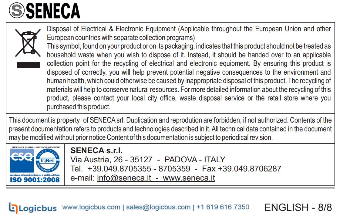 SENECA K109S Signal converter Instruction Manual - Certified icon