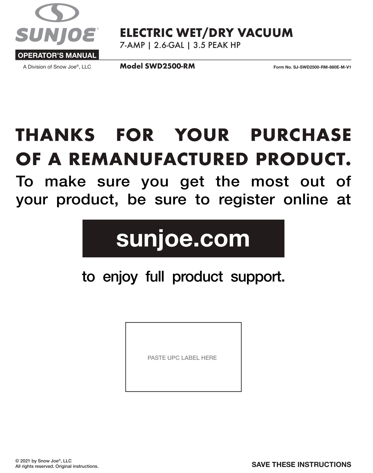 SUNJOE SWD2500-RM 7 AMP Electric Wet Dry Vacuum User Manual