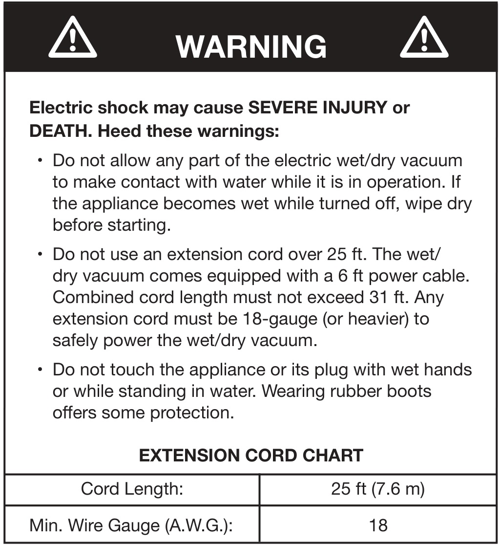 SUNJOE SWD2500-RM 7 AMP Electric Wet Dry Vacuum - WARNING