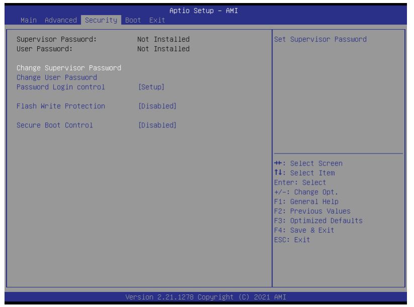 Shuttle DS20U Series XPC BIOS Barebone PC - The Security Setup screen is shown below