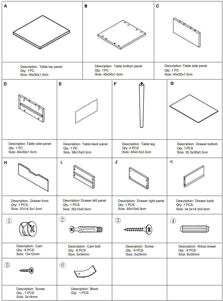 SweetGO SG5011 11.8 in. White Side Table Instruction Manual - Parts