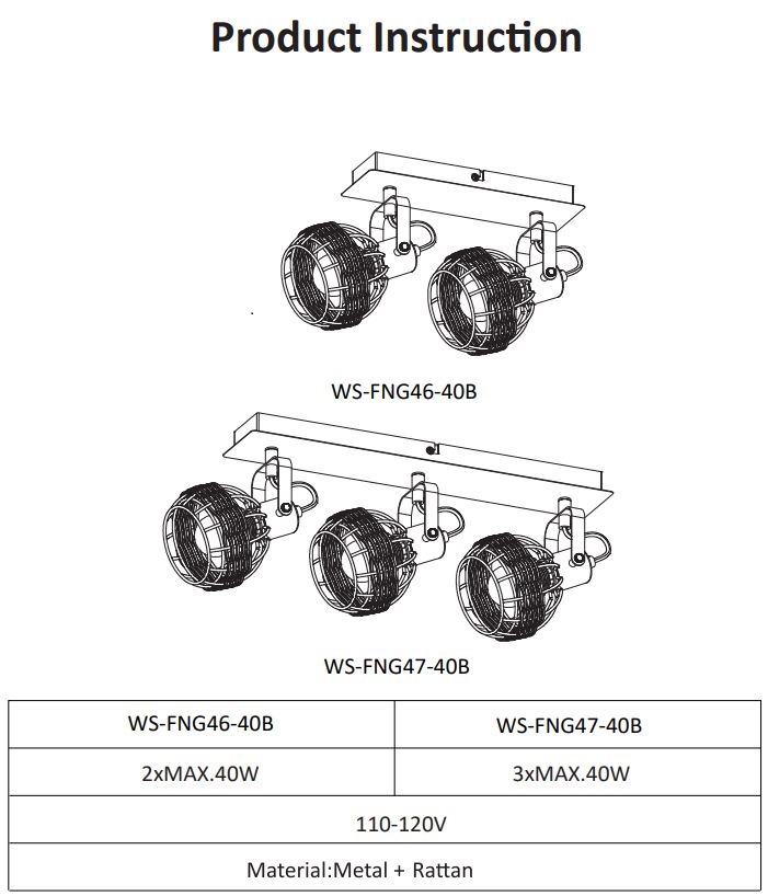 DEPULEY WS-FNG46-40B Industrial Ceiling Spotlight 2 Ways Rotatable Ceiling Lights for Kitchen Instruction Manual