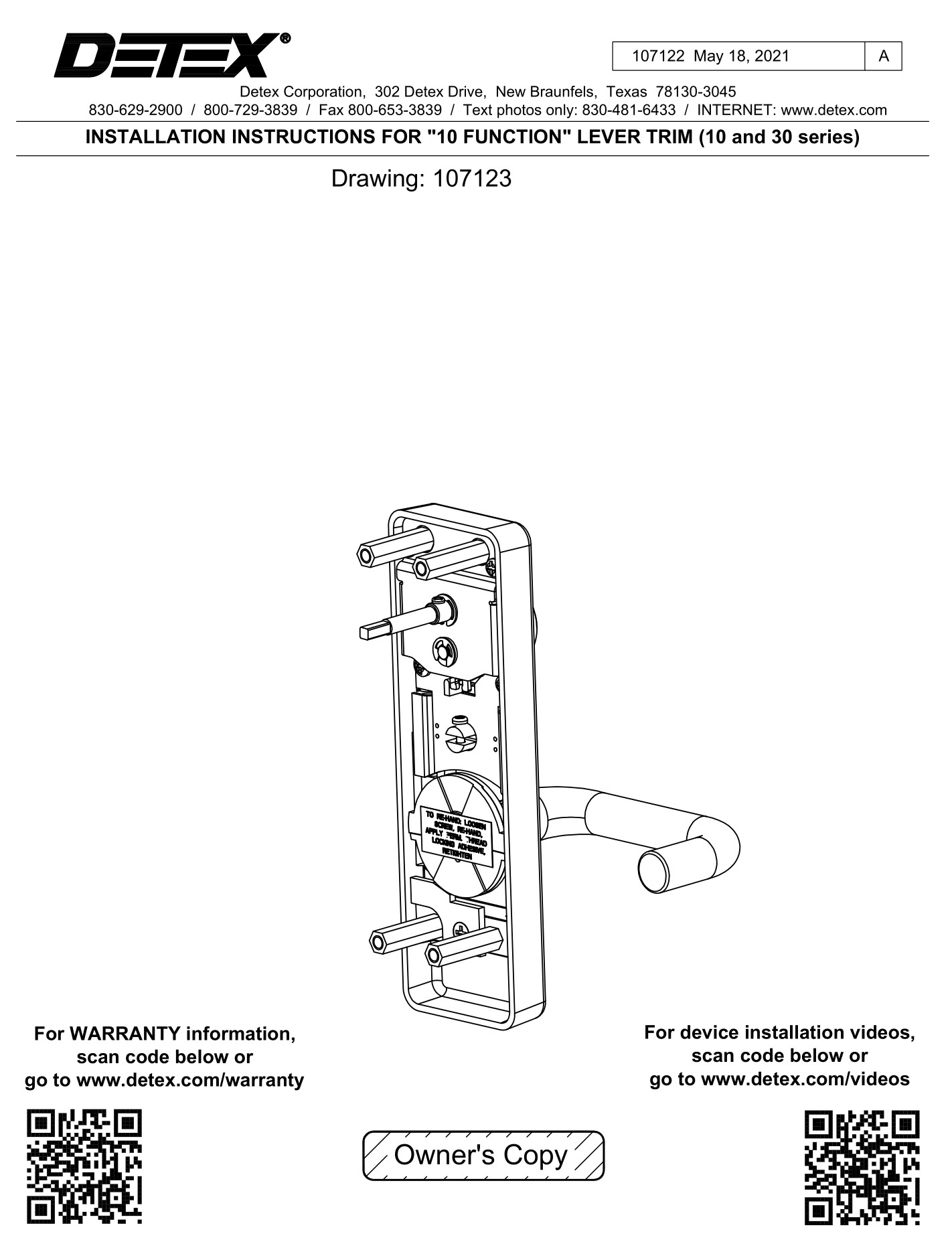 DETEX 107123 10 Function Lever Trim Instruction Manual