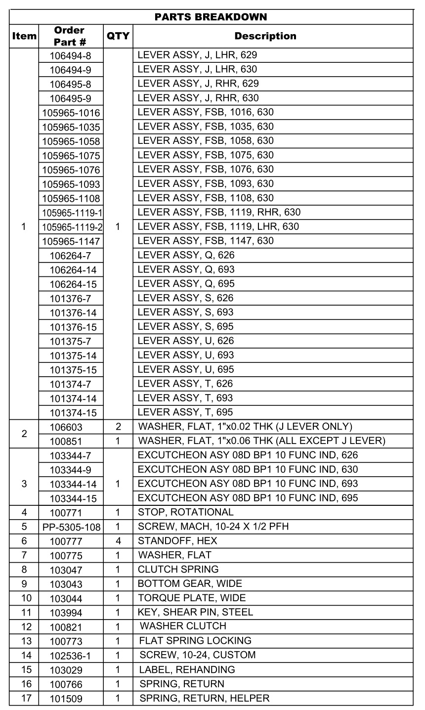 DETEX 107123 10 Function Lever Trim - PARTS BREAKDOWN