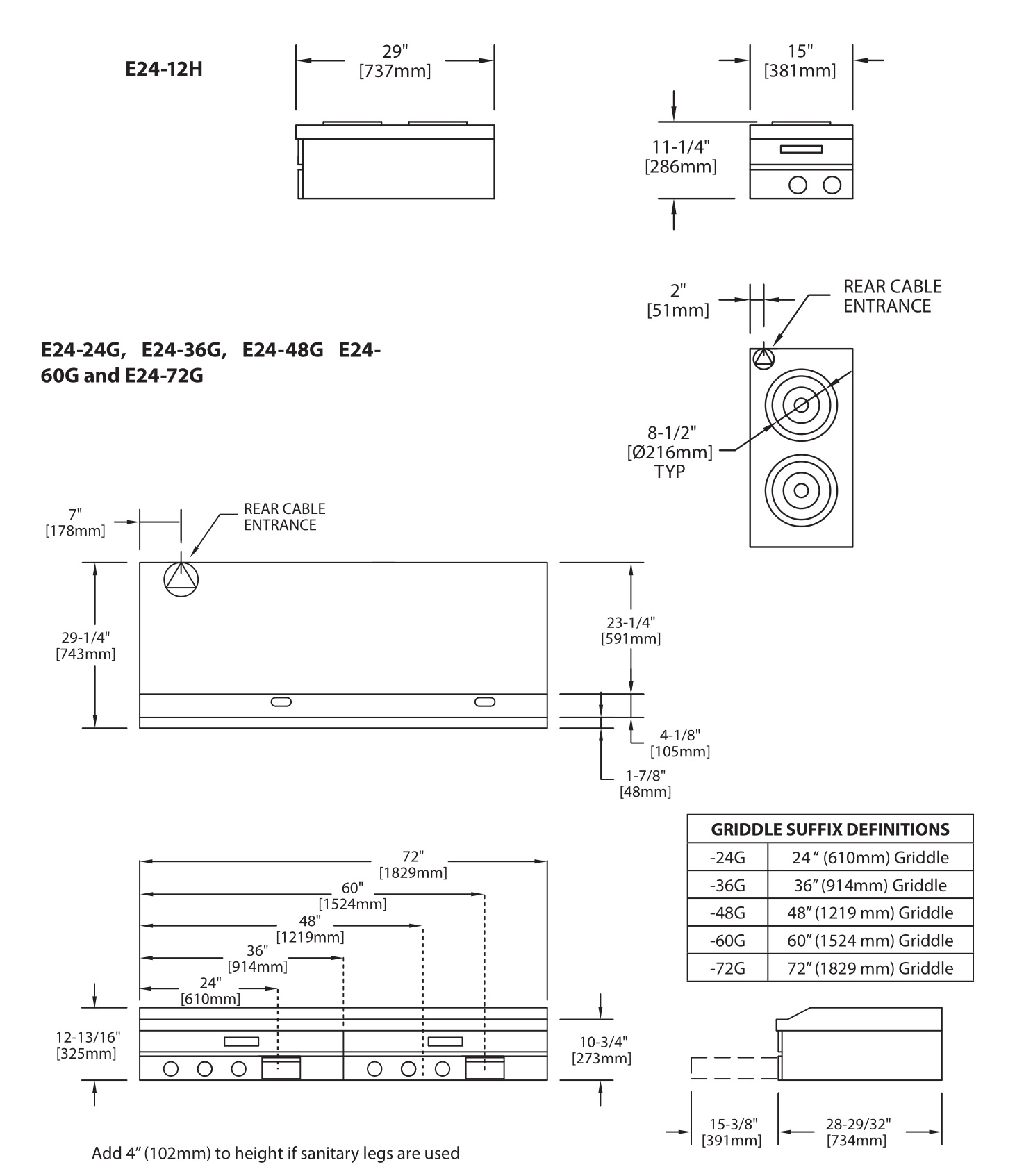 E24-72G Garland Counter Top Hot Plates and Griddles - DIMENSIONS