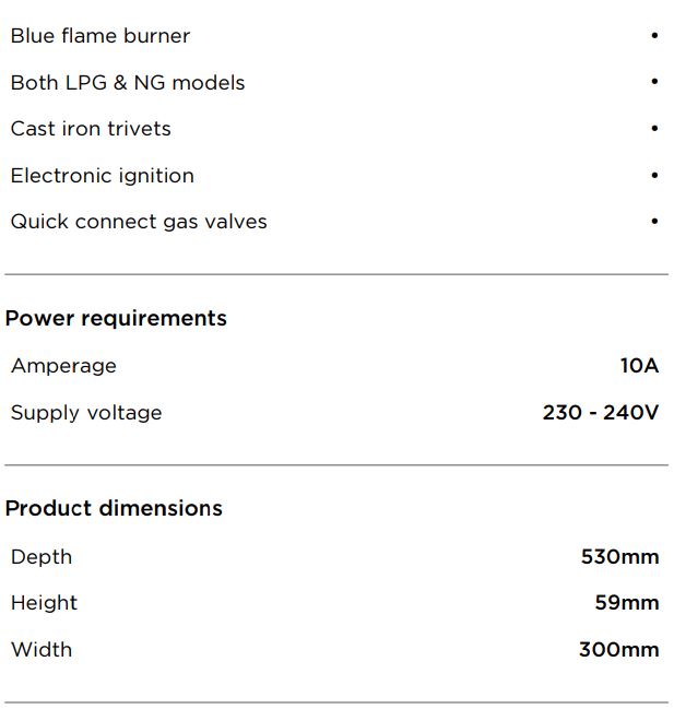 FISHER PAYKEL CG301DLPGB4 Gas on Glass Cooktop, 30cm, LPG User Guide - SPECIFICATIONS