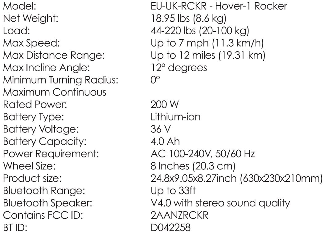 HOVER-1 ROCKER Iridescent Hoverboard Instructions - Specifications