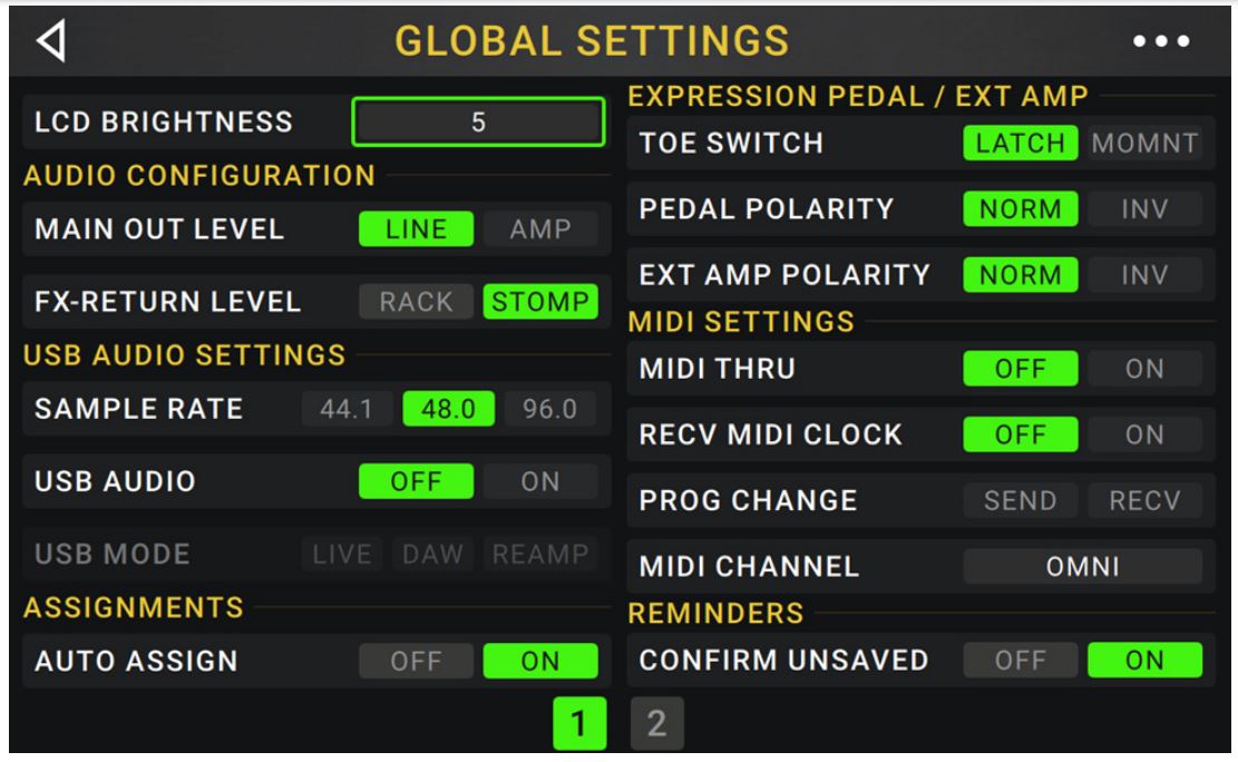 Head Rush Gigboard User Manual - Global Settings