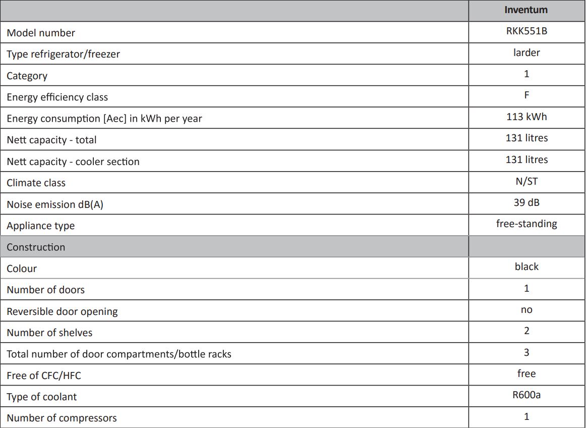 INVENTUM RKK551B Freestanding Retro Cooler Instruction Manual - product fiche