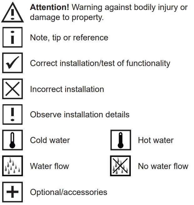 KEUCO 59549 IXMO 3-Way Stop and Diverter Valve Instruction Manual - Symbols and explanations