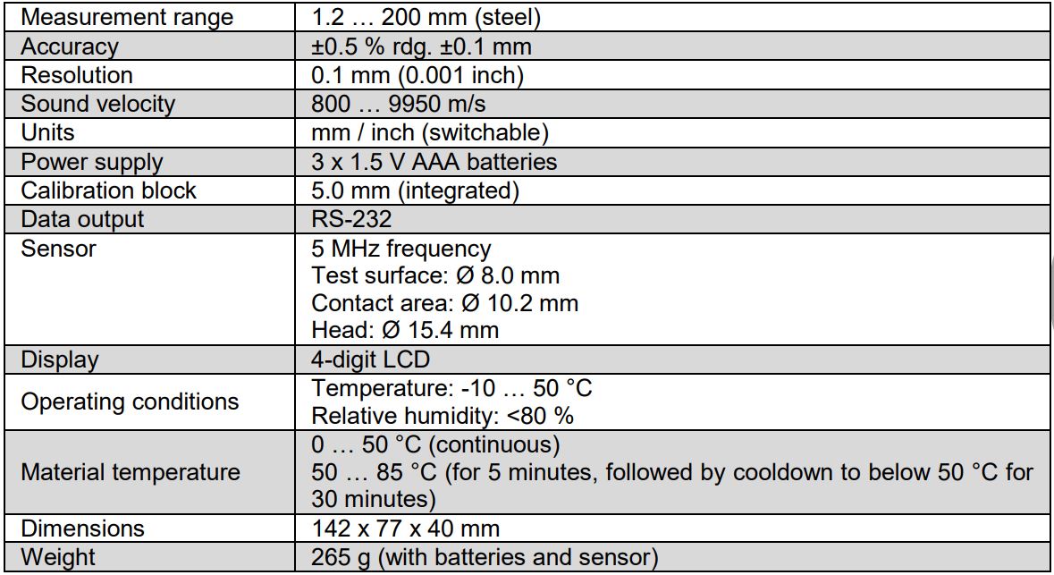 PCE-TG 50 Material Thickness Gauge User Manual - Technical specifications