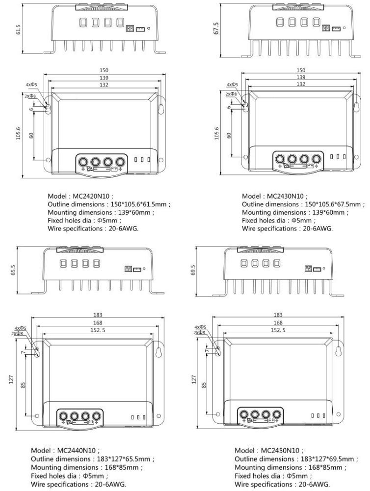 SRNE Solar MC2420N10 MC Series MPPT Solar Charge Controller User Manual - Product Dimensions