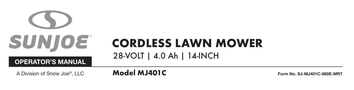 SUN JOE MJ401C Cordless Lawn Mower User Manual