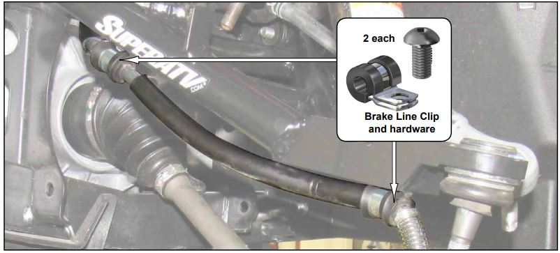 SUPERATV IN-AA-Y-WV-1.5-HC High Clearance Front A-Arms for Yamaha Wolverine Instruction Manual - Secure Brake Line to Driver Upper with provided Brake Line Clips and hardware