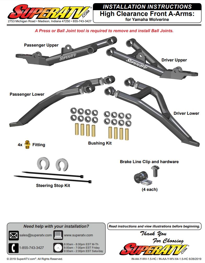 SUPERATV IN-AA-Y-WV-1.5-HC High Clearance Front A-Arms for Yamaha Wolverine Instruction Manual