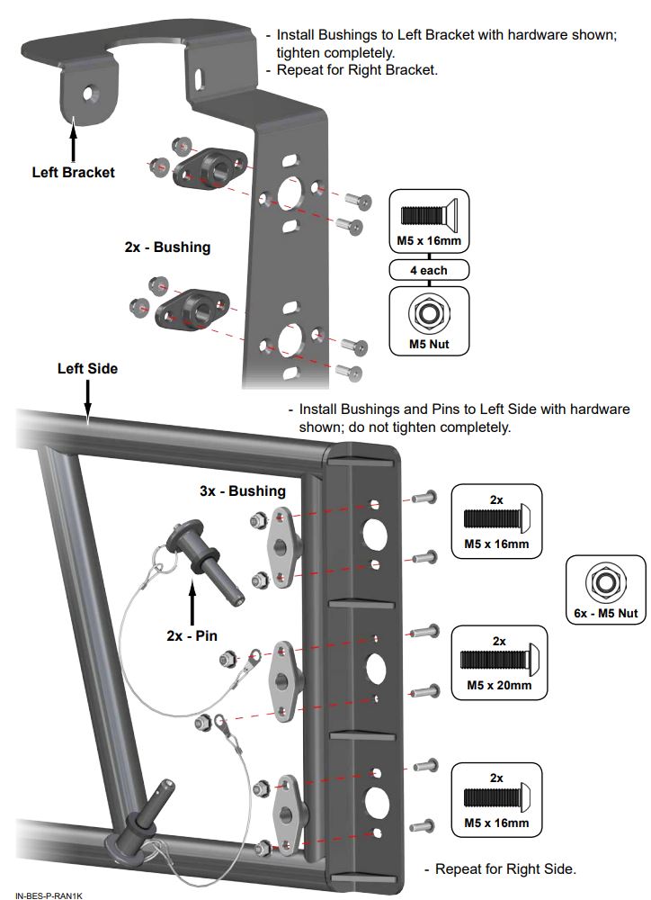 SUPERATV XP 1000 Bed Extender Instruction Manual - Install Bushings to Left Bracket with hardware shown