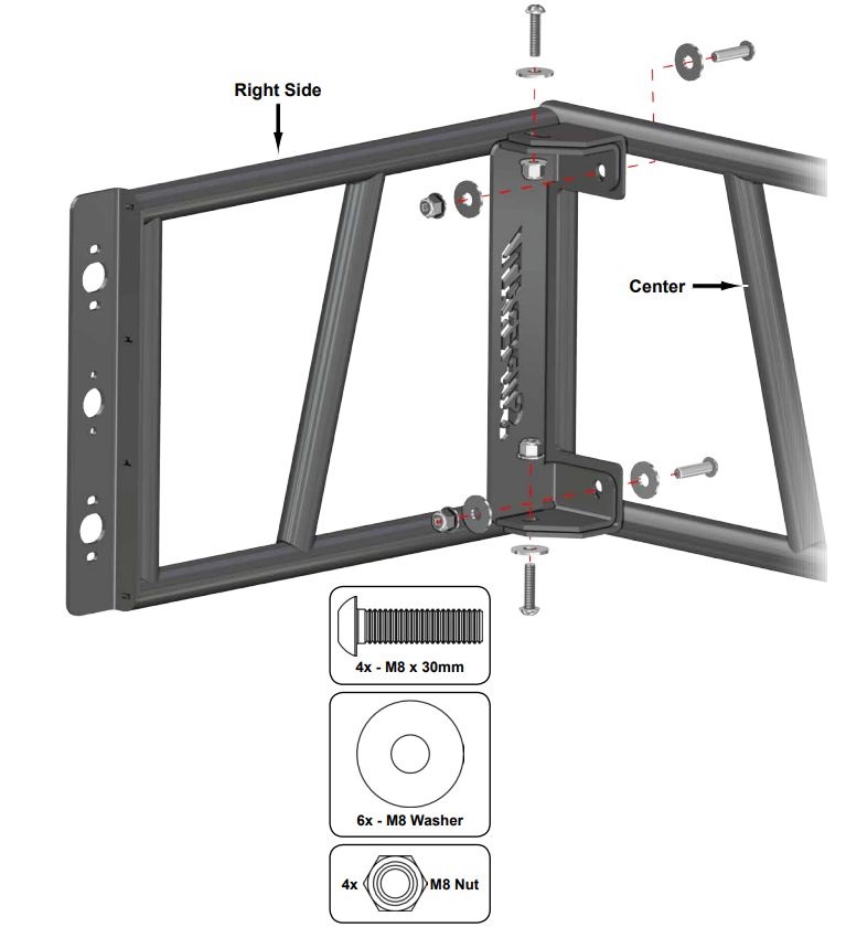 SUPERATV XP 1000 Bed Extender Instruction Manual - Install Right Side to Center with hardware shown