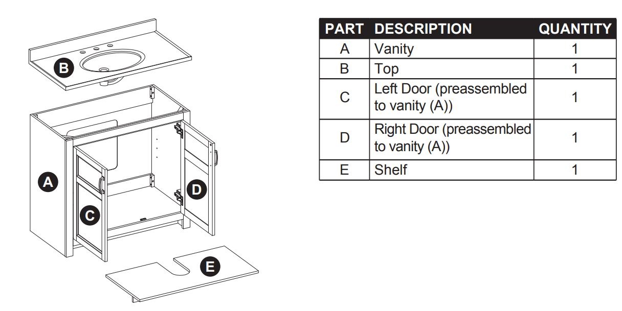 Style SELECTIONS 1678VA-37-292-934 Gray Single Sink Bathroom Vanity Instruction Manual - PACKAGE CONTENTS