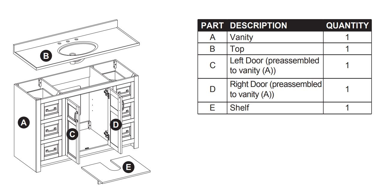 Style SELECTIONS 1678VA-49-311-934 48.875-In Vanity with Top Instruction Manual - PACKAGE CONTENTS