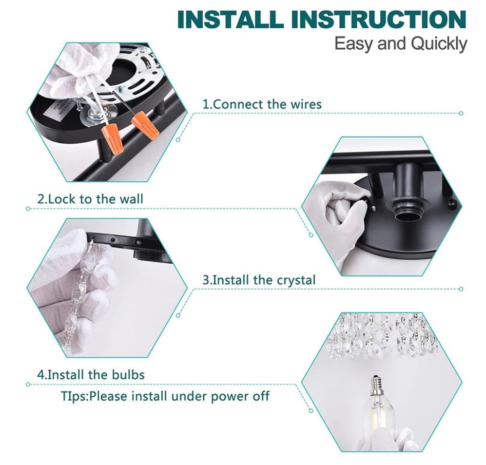 YanSun H-WL009-2 20.87 Inch 3-Light Matte Black Vanity Wall Lamp with Crystal Shade Instruction Manual