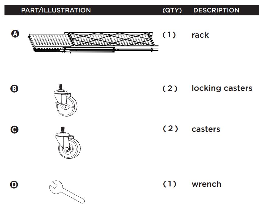 hcd SHF-09577 3-Tier Foldable Shelving Rack Instruction Manual - PARTS LIST