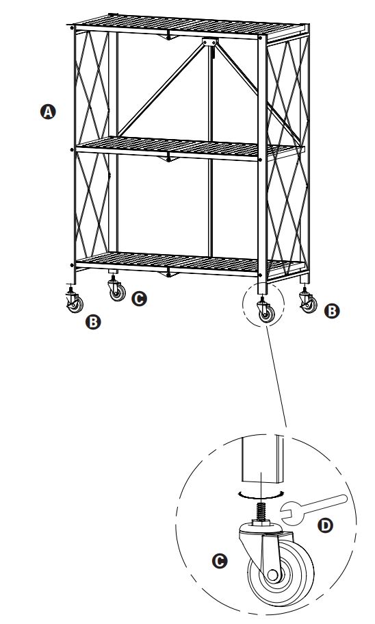 hcd SHF-09577 3-Tier Foldable Shelving Rack Instruction Manual - Use the wrench to install the wheels