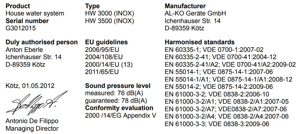 AL-KO HW 3000 Water Supply System Instruction Manual - EU DECLARATION OF CONFORMITY