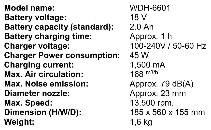 Aktobis AG WDH-6601 Battery Hand Blower - Technical data