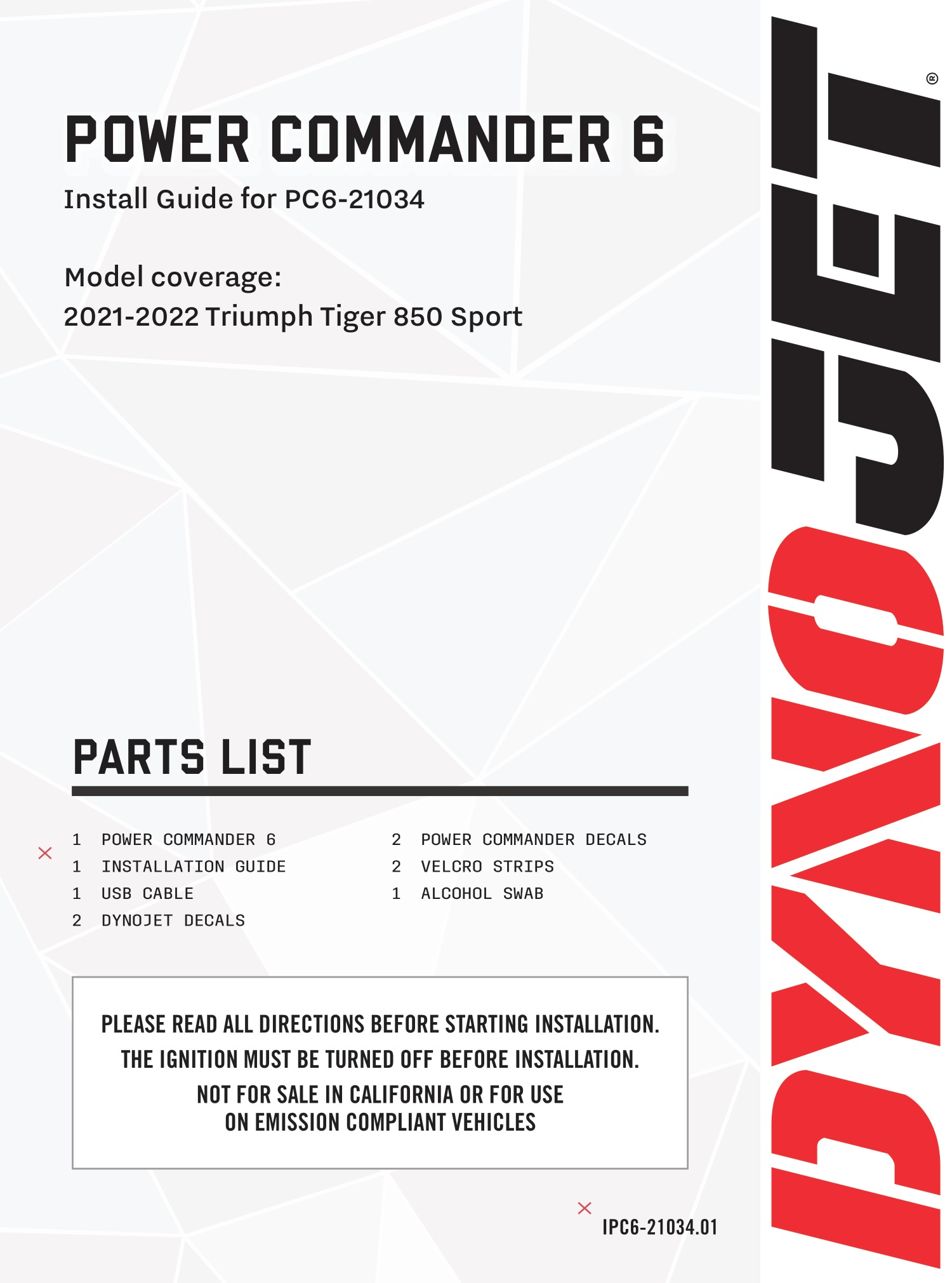 DYNOJET PC6-21034 Power Commander 6 Triumph Tiger 850 Sport 2021-2022 Installation Guide