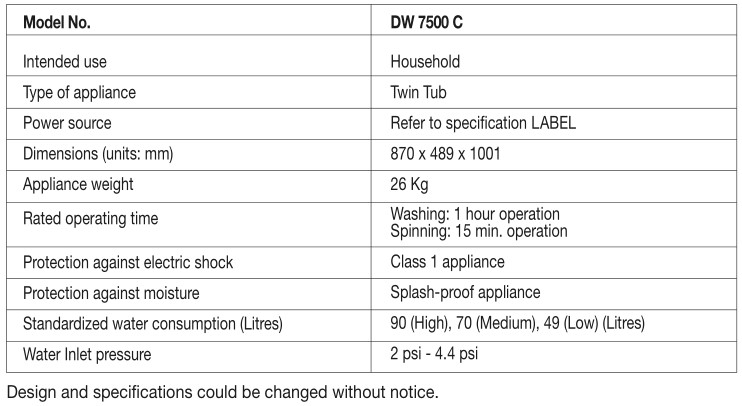 Dawlance DW 7500 C Twin Tub Washing Machine - SPECIFICATION