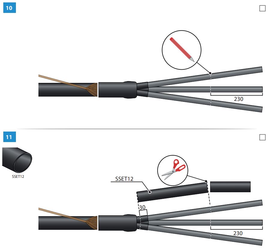 ENSTO HOT3.1211L Outdoor Terminations with Semi-Conductive Tubes for 3-core Cables Instruction Manual - How to use 10,11