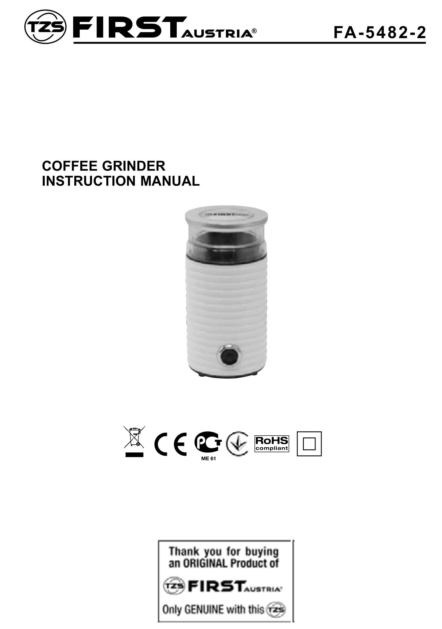 FIRST AUSTRIA FA-5482-2-BA Coffee grinder 160 W - Soundstar Instruction Manual