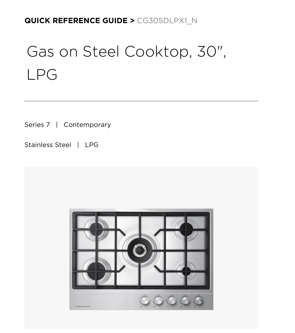 FISHER PAYKEL CG305DLPX1_N Gas on Steel Cooktop, 30, LPG User Guide