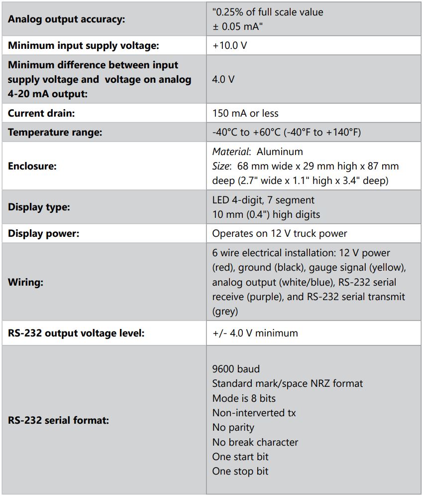 GARNET T-DP0301-A SEELEVEL ACCESS Data Portal and Remote Display User Manual - SPECIFICATIONS